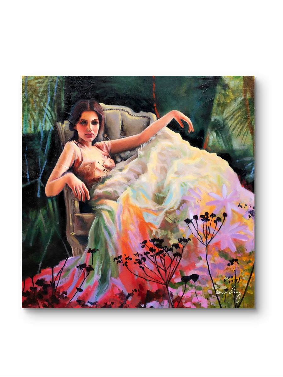 Artistic depiction of a woman in a flowing dress with a colorful background
